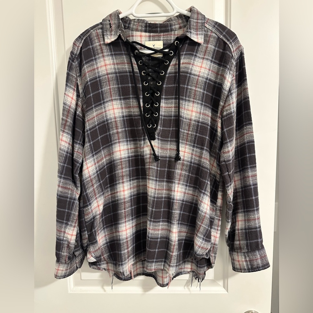 American Eagle Outfitters Plaid Lace-Up Shirt